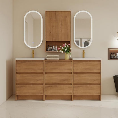 72" Bathroom Vanity Set, 72 Inch Modern Freestanding Vanity with 9 Drawers and 1 Wall-Mounted Side Cabinet, Double Resin Sinks Floor Stand Cabinet Set Imitative Oak