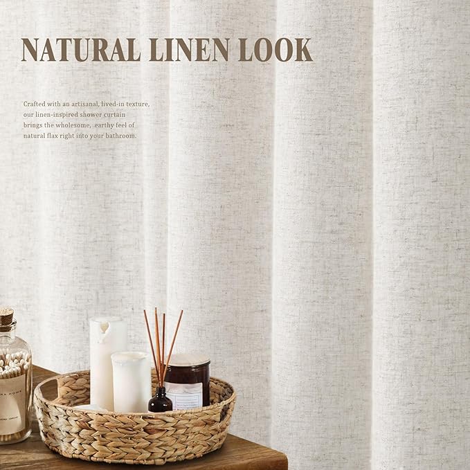 Linen Shower Curtain Ivory White, Fabric Boho Farmhouse Shower Curtains for Bathroom Cotton Natural Cloth Liner Set 72" W x 72" L