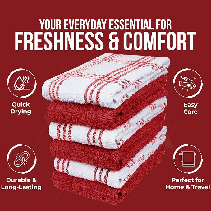 DAN RIVER Red Kitchen Towels, 12 Pack, 16x26 Inches Absorbent Dish Towels | 100% Cotton Absorbent Soft cotton kitchen towels for drying dishes, Quick Dry, Dish Towels for kitchen,Tea and Bar towels set