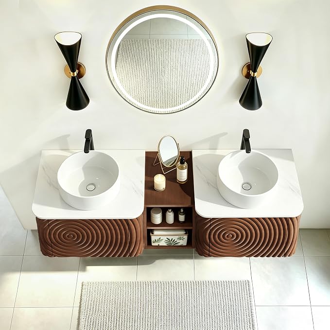 60" Floating Bathroom Vanity with Double Sink, Mid-Century Wall Mounted Bathroom Vanity Cabinet with Wood Waved Decor, Ceramic Vessel Basin, Sintered Stone Top, Soft Close Drawer, Side Open Cube