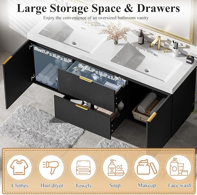 60" Bathroom Vanity with Sink Combo, Floating Double Sink Bathroom Vanity with SMC Resin Top, MDF Cabinet with Solid Wood Frame, Wall-Mounted Bath Room Vanities for Large Bathrooms(Black)