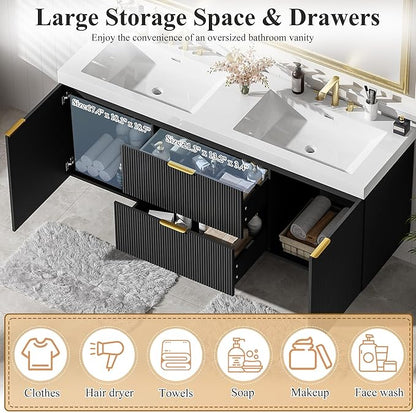 60" Bathroom Vanity with Sink Combo, Floating Double Sink Bathroom Vanity with SMC Resin Top, MDF Cabinet with Solid Wood Frame, Wall-Mounted Bath Room Vanities for Large Bathrooms(Black)