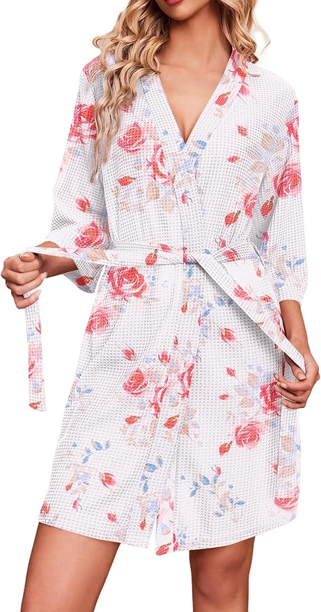 Ekouaer Robes for Women Waffle Knit Bathrobe Soft Lightweight Knee Length Loungewear S-XXL
