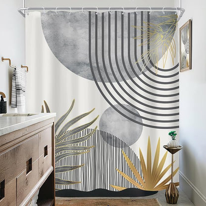 Mid Century Boho Abstract Gray Modern Gold Bathroom Shower Curtain Set | 60Wx72H Sun Arch design, waterproof HD print with fast-drying fabric and 12 hooks.