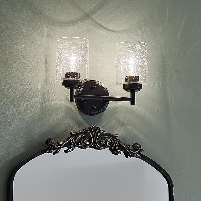 Kichler Winslow 2-Light Farmhouse Vanity Light, Black | Clear seeded glass vanity light with industrial styling (12.75" x 9.25" x 6.5"), 45885BK