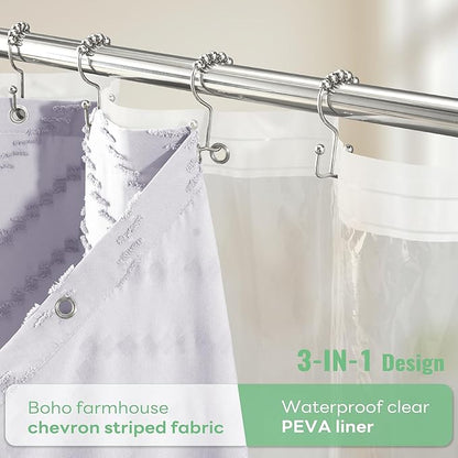 Dynamene Long Shower Curtain and Liner Set - 78 inch Tall Boho Shower Curtain and Waterproof Clear Liner, Tufted Chevron Striped Textured Tassel Shower Curtains for Bathroom, 12 Hooks, 72x78, Lavender