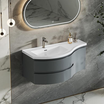 KunMai 35.4" Modern Floating Bathroom Vanity with Sink, Wall Mounted Stone Resin Top Vanity Cabinet with Storage Drawers & Door, White Wall Hung Vanity for Small Bathrooms