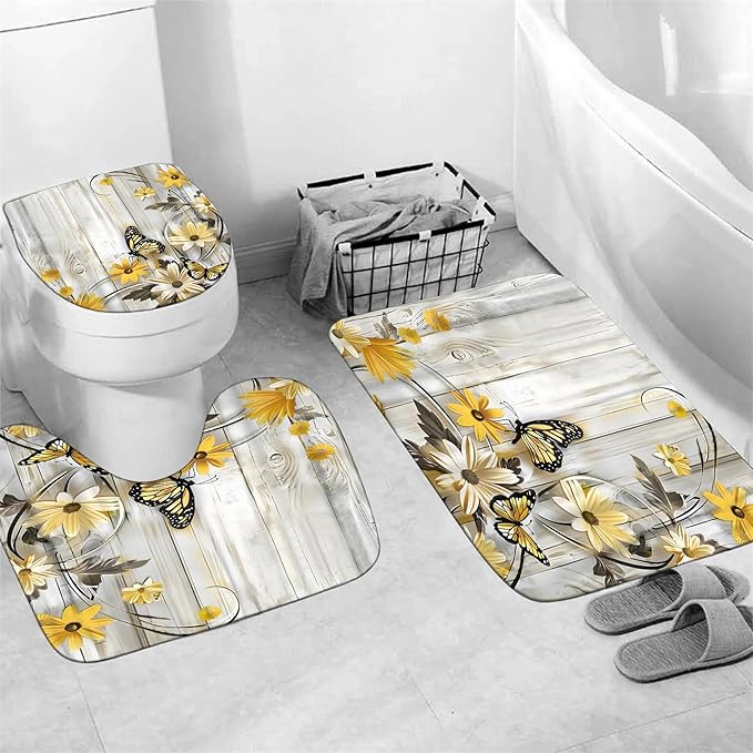 AZHM Yellow Daisy Floral Shower Curtain Set Butterfly Farmhouse Country for Bathroom Decor Set with Rugs Toilet Lid Cover and Bath Mat