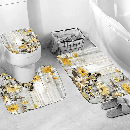 AZHM Yellow Daisy Floral Shower Curtain Set Butterfly Farmhouse Country for Bathroom Decor Set with Rugs Toilet Lid Cover and Bath Mat