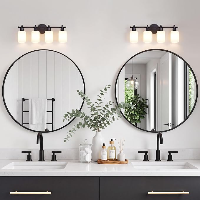 4 Light Bathroom Vanity Light Fixture Over Mirror, Black, 23'' | Vanity Lights for Bathroom, Bedroom, Living Room, White Frosted Glass Shades, Modern, E26(Bulbs Not Included)
