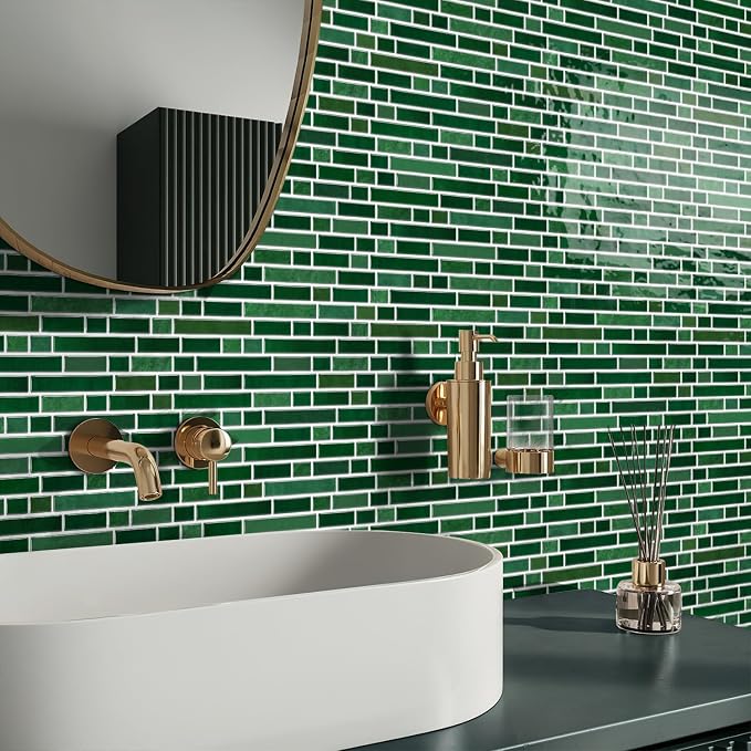 Alwayspon 10 Sheets 12" x12inch Emerald Green Marble Effect Vinyl Tiles, Backsplash, Self-Adhesive Peel and Stick Wall Tile Stickers, Stick on Subway Tiles for Kitchen Bathroom Wall Decor