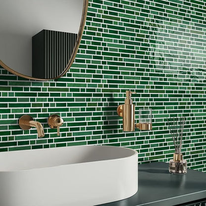 Alwayspon 10 Sheets 12" x12inch Emerald Green Marble Effect Vinyl Tiles, Backsplash, Self-Adhesive Peel and Stick Wall Tile Stickers, Stick on Subway Tiles for Kitchen Bathroom Wall Decor