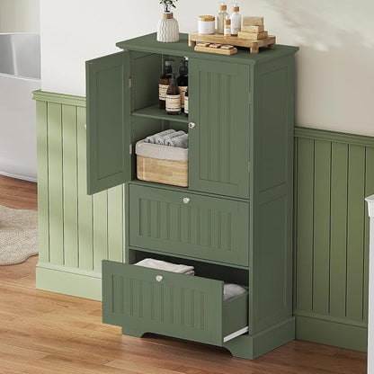 Treocho Bathroom Floor Cabinet with 2 Drawers and Adjustable Shelf | Bathroom Storage Cabinet, Freestanding Cupboard Pantry for Kitchen, Living Room, Dining Room, Green
