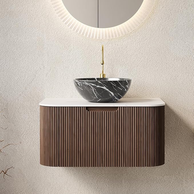30'' Bathroom Vanities Cabinet with Sink Combo, Wall Mounted Floating Cabinet W/Curved Edges Stripes, Oak Plywood, Soft-Close System with a Drawer, Black Bowl Ceramic Basin - Kiel, Dark Walnut/R