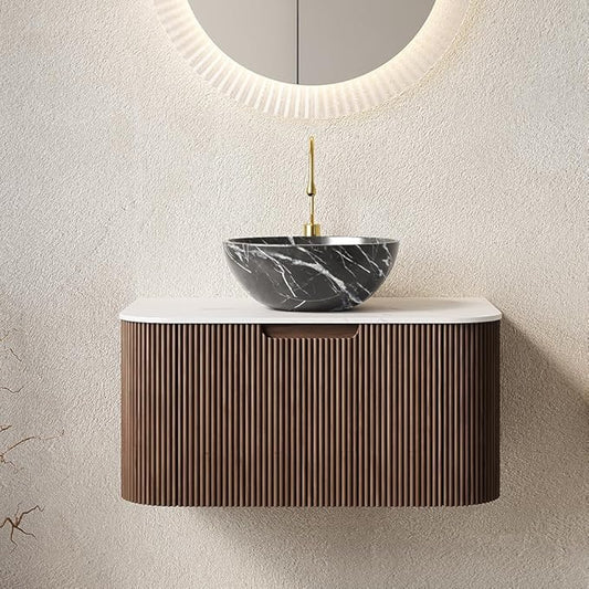 30'' Bathroom Vanities Cabinet with Sink Combo, Wall Mounted Floating Cabinet W/Curved Edges Stripes, Oak Plywood, Soft-Close System with a Drawer, Black Bowl Ceramic Basin - Kiel, Dark Walnut/R