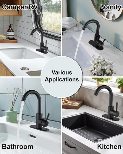 Midanya Single Hole Bathroom Faucet 1 Hole Bar Sink Faucet Suitable for Kitchen RV Vanity,304 Stainless Steel 360° Swivel Spout with Deck Plate and Pop-up Drain,Matte Black