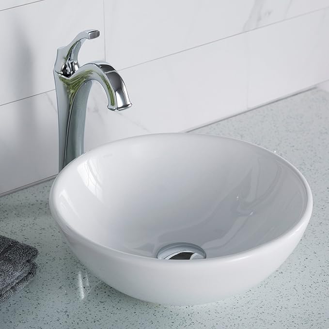 KRAUS Elavo Round Vessel White Porcelain Ceramic Bathroom Sink, 14 inch KCV-341