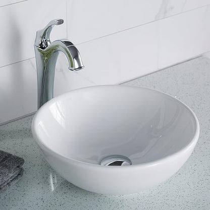 KRAUS Elavo Round Vessel White Porcelain Ceramic Bathroom Sink, 14 inch KCV-341