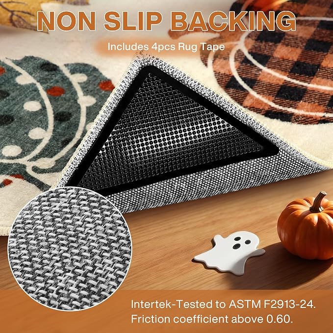 2x6 Beige Halloween Fall Pumpkin Print Hallway Runner Rug for Kitchen | Washable Non-Slip Low-Pile Autumn Thanksgiving Rug for Hallway, Entryway, Bedroom, Bathroom, Halloween Home Decor Indoor Rug