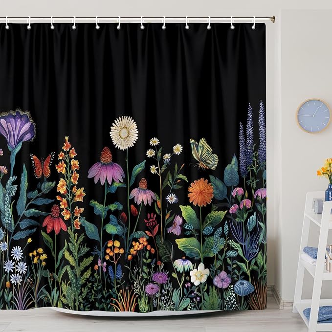 Boho Dark Floral Shower Curtain, Bright Colorful Rustic Wildflower Shower Curtain for Bathroom, Black Gothic Flowers Farmhouse Botanical Shower Curtains Machine Washable with 12 Hooks 72"X72" Inch