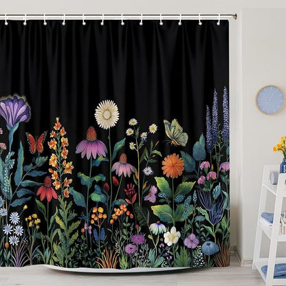 Boho Dark Floral Shower Curtain, Bright Colorful Rustic Wildflower Shower Curtain for Bathroom, Black Gothic Flowers Farmhouse Botanical Shower Curtains Machine Washable with 12 Hooks 72"X72" Inch