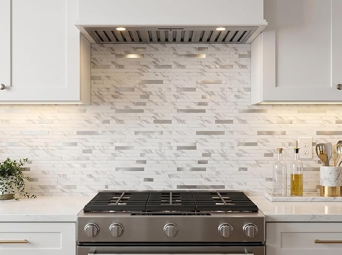 Yipscazo Peel and Stick Stone Metal Backsplash, Stick on Tiles for Backsplash Kitchen(10 Sheets, Calar White Stone)
