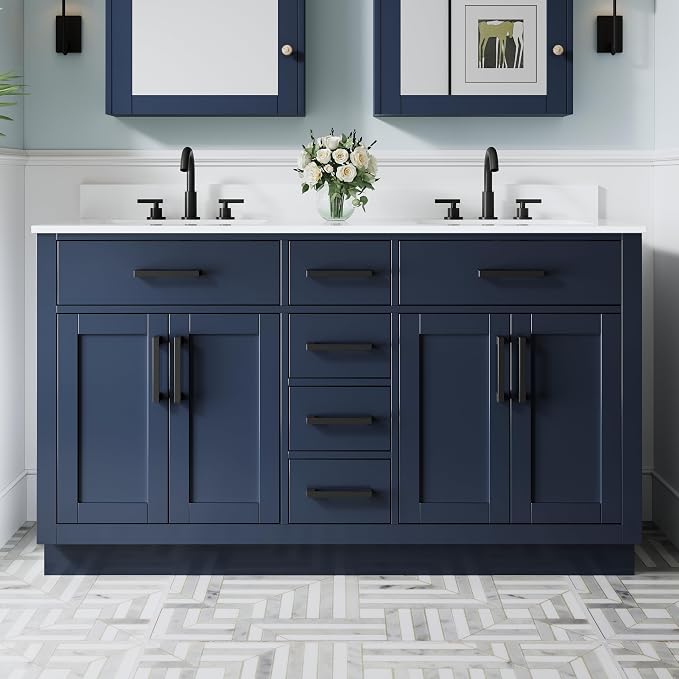 60-Inch Bathroom Vanity with Double Sinks W/ 4 Doors & 4 Drawers & 2 Flip Drawers, Navy Blue Vanity W/Matte Black Handles