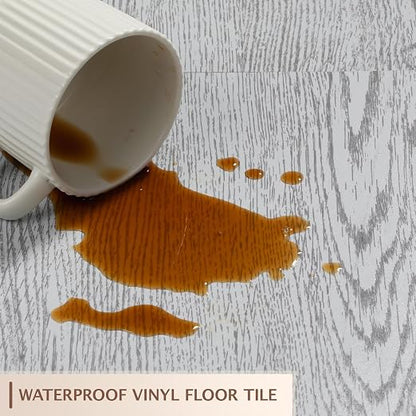 Peel and Stick Floor Tile, 30 Pcs 12" x 12" Waterproof Wood Grain Luxury Vinyl Plank Flooring, Easy DIY Self Adhesive Vinyl Floor for Bathroom, Kitchen, Living Room, White Washed Oak