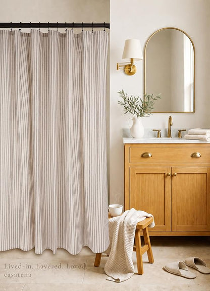 Farmhouse Striped Shower Curtain - Extra Long 72x84 Inches, Linen Blend Fabric, Breathable & Machine Washable, Rustic Taupe for Bathroom Decor (Hooks/Liner Not Included)