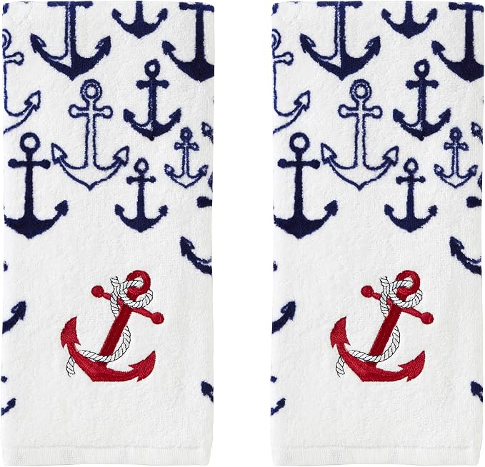 SKL Home Americana Anchor Hand Towel Set, 16x25, 2 Pack | Decorative embroidery for nautical & coastal décor. Can be used in the bathroom, kitchen, bar or any sink space.
