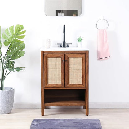 JONATHAN Y VAN1023B Jasper 24 in. W x 18 in. D x 33 in. H Rattan Modern Coastal 2-Shelf Bathroom Vanity Cabinet Only with Soft Closing Doors (Sink Basin Not Included), Walnut