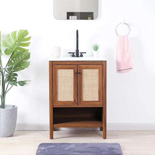 JONATHAN Y VAN1023B Jasper 24 in. W x 18 in. D x 33 in. H Rattan Modern Coastal 2-Shelf Bathroom Vanity Cabinet Only with Soft Closing Doors (Sink Basin Not Included), Walnut