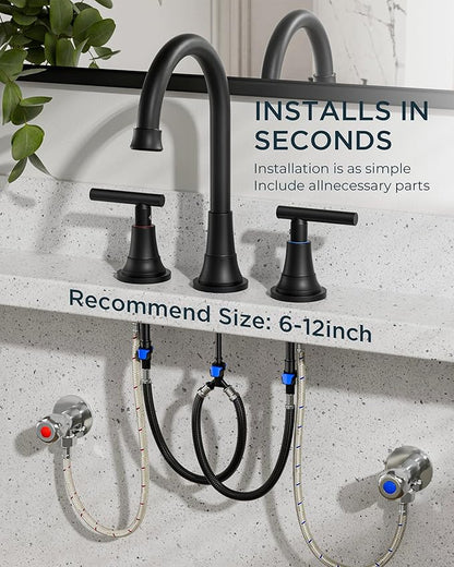 FORIOUS Black Bathroom Faucet 3 Hole Vanity, 2 Handle 360° Swivel Matte Black 8 Inch Widespread Bathroom Sink Faucet 3 Holes, with 360 Degree Rotating Spout, Pop-up Drain, Supply Lines