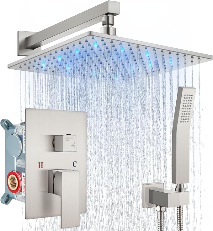 Aolemi Shower Faucet Set with Valve Handheld 12" LED Head Brushed Nickel | Handheld Spray,12 Inch Rain LED Head,Valve and Trim Kit,All Metal,Wall Mount Shower System,Bathroom Mixer