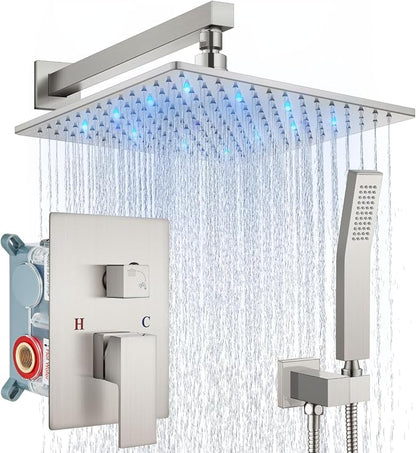 Aolemi Shower Faucet Set with Valve Handheld 12" LED Head Brushed Nickel | Handheld Spray,12 Inch Rain LED Head,Valve and Trim Kit,All Metal,Wall Mount Shower System,Bathroom Mixer