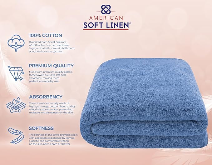 American Soft Linen 100% Cotton 600 GSM Turkish 40x80 Oversized Bath Towel Sheet, Extra Large Adult Towels for Bathroom, Electric Blue Bath Sheet