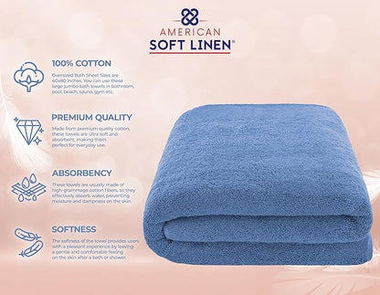 American Soft Linen 100% Cotton 600 GSM Turkish 40x80 Oversized Bath Towel Sheet, Extra Large Adult Towels for Bathroom, Electric Blue Bath Sheet