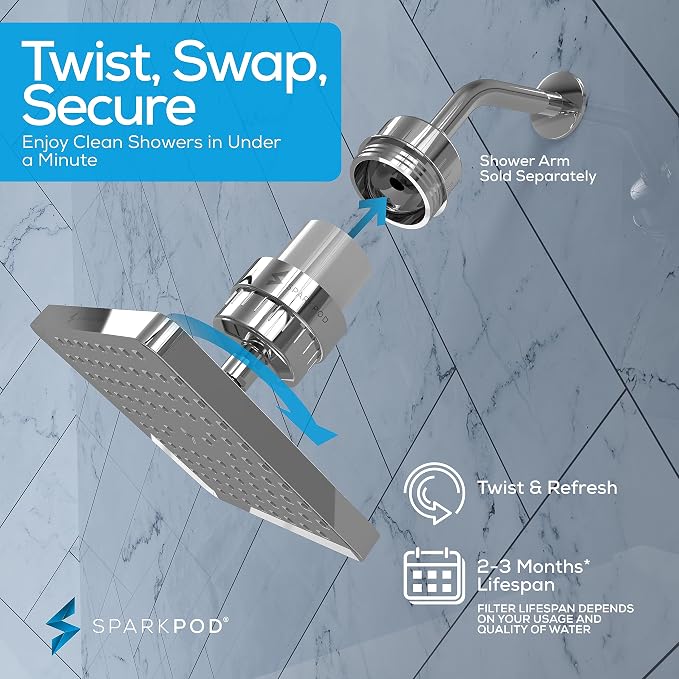 SparkPod Filtered Shower Head, 23-Stage, 8" Square, Polished Chrome | Showerhead for Hard Water, High Pressure, Reduces Chlorine, Heavy Metals, For Dry Skin & Hair, Removable Capsule Filter