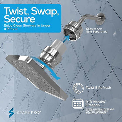 SparkPod Filtered Shower Head, 23-Stage, 8" Square, Polished Chrome | Showerhead for Hard Water, High Pressure, Reduces Chlorine, Heavy Metals, For Dry Skin & Hair, Removable Capsule Filter
