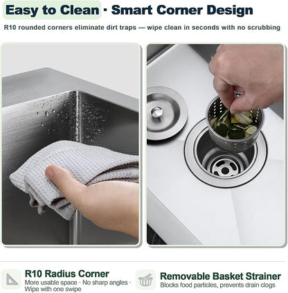 19 x 17 inch Bar Sink, Drop-in Tight Radius Brushed Stainless Steel Topmount Kitchen Sink Single Bowl