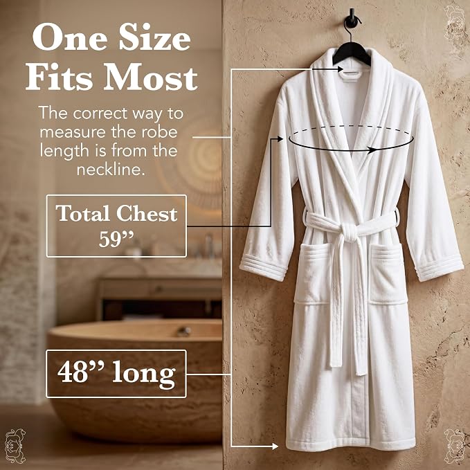 MONARCH Cotton Terry Velour Bath Robe Self-Tie Belt for Men or Women | Absorbent Inside, Smooth Outside, Generously Sized Hotel-Grade Robe, Dual Patch Pockets, Dryer-Safe, Machine Washable