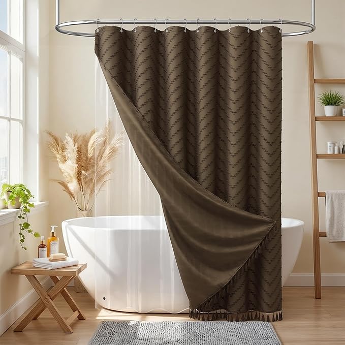 Dynamene Brown Boho Shower Curtain and Liner Set, Farmhouse Fabric Shower Curtain and Waterproof Clear Liner, Tufted Chevron Striped Textured Tassel Shower Curtains for Bathroom with 12 Hooks, 72x72