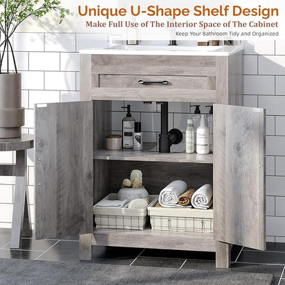 VINGLI 24" Farmhouse Bathroom Vanity with Sink, Undermount Vanity Sink Cabinet with Barn Door &Shelf,Free Standing Small Bathroom Storage Cabinet with Single Hole Ceramic Basin Combo Set,Washed Gray