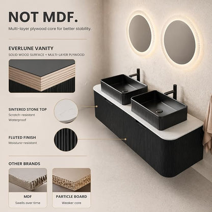 60 Inch Double Sink Bathroom Vanity, Floating Wall Mounted Cabinet, Black Curved Fluted Front, Stone Top, Dual Black Textured Rectangular Vessel Basins, Pre-Assembled