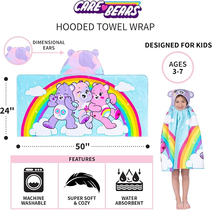 Care Bears Bath/Pool/Beach Soft Cotton Terry Hooded Towel Wrap, 24 in x 50 in, By Franco Kids