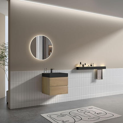 24" Floating Bathroom Vanity with Black Sink, Modern Bathroom Cabinet with Top and Soft Close Drawers, Spacious Storage for Small Space, Natural Oak - Lavanda Collection