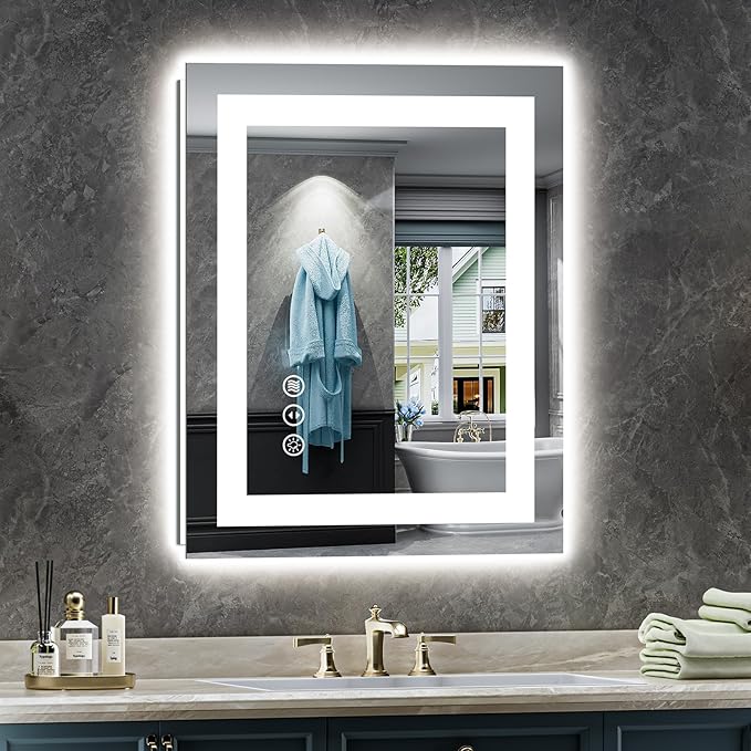 20x28 Inch LED Bathroom Mirror with Lights, Backlit & Front Lit, Anti-Fog Lighted Bathroom Vanity Mirror for Wall, Memory Function, Dimmable, HD Tempered Glass, Shatter-Proof