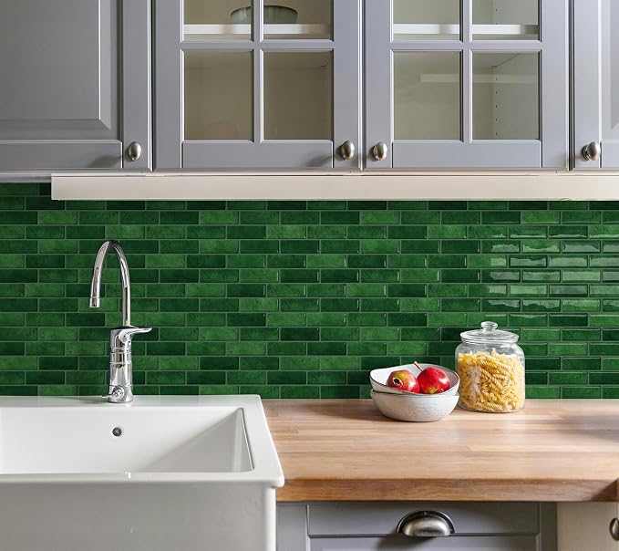 Green Peel and Stick Backsplash 3D Self Adhesive Wall Tile 10 Sheet | Thick,Sticky,Vinyl,12"x12",Marble,for Kitchen,Bathroom