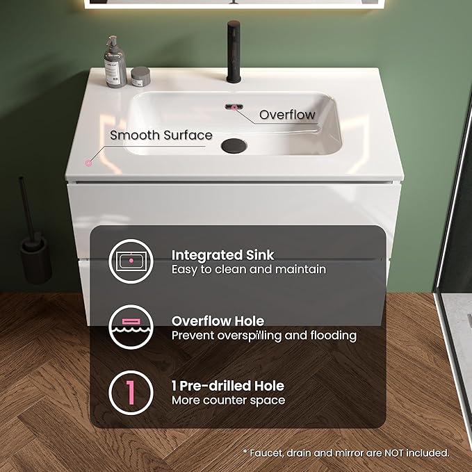 30" Bathroom Vanity with Sink, Modern Floating Vanity with Double Soft Closing Drawers, Large Storage for Small Space, Glossy White, Fully Assembled - Iris Collection