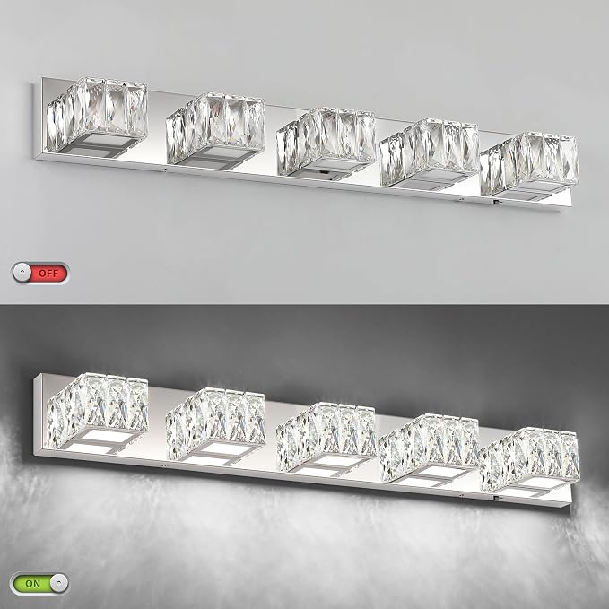Modern Bathroom Vanity Light - 5 Light LED 5CCT Dimmable Vanity Lighting Fixtures - Crystal Chrome Bathroom Lights Over Mirror